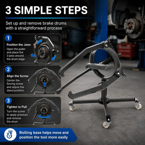 Beefy Three Jaw Brake Drum Puller With Adjustable Arms And Four Caster Legs For Cars And Trucks, shown in three steps setup.