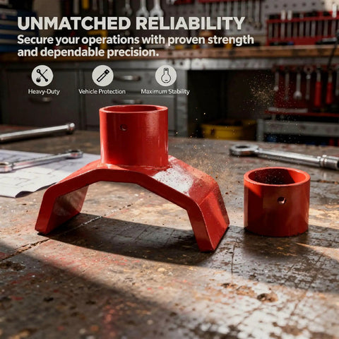 Heavy Duty Steel Bottle Jack Adapter 2 In 1 Red Lifting Axle Cradle with 42 mm saddle on workshop table