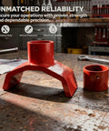 Red Steel Bottle Jack 2 In 1 Adapter With 42 Mm Saddle And 115 Mm Base on a workbench in a garage setting