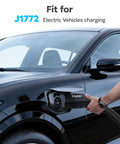 Tesla To J1772 Charging Adapter 60 Amp Plug And Play Ev Converter Weatherproof Ip65 Level 2 Electric Vehicle Connector in use.