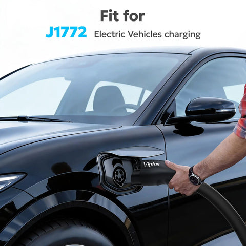 Tesla To J1772 Charging Adapter 60 Amp Plug And Play Ev Converter Weatherproof Ip65 Level 2 Electric Vehicle Connector in use.