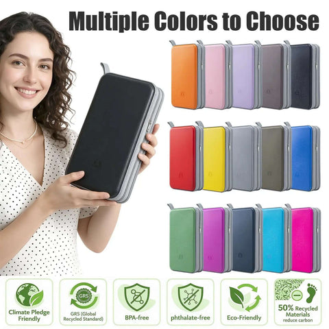 Kickass Heavy Duty CD Case For Cars With 96 Disc Capacity Hard Plastic DVD Organizer Wallet shown in multiple colors, held by a woman.