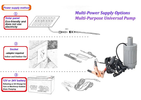 Ridiculously Quiet 500GPH Submersible Water Pump Solar Powered with power options including solar, socket, and battery