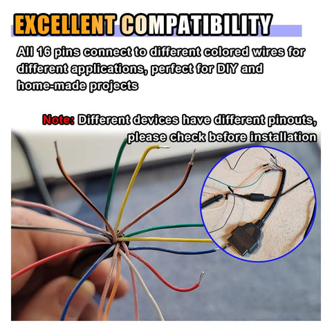 Close-up of a 16 Pin J1962 OBD II Male Connector Cable For DIY Car Diagnostics with colored open wires.
