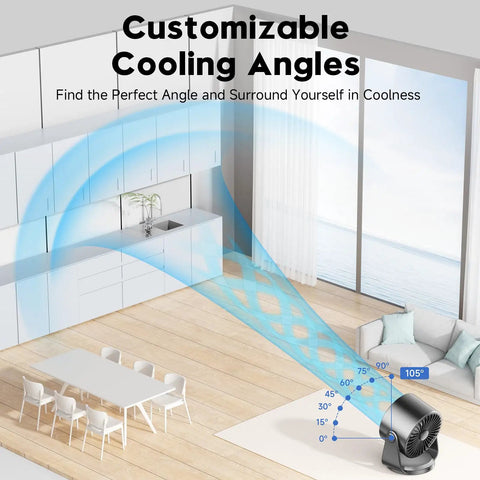 Cordless Desk Fan With Turbo Airflow and Whisper Quiet Operation 7.5 Inch showing adjustable cooling angles in a modern room