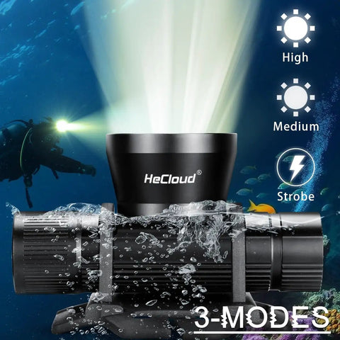 Powerful 3000 Lumen Dive Headlamp With IP68 Waterproof Build, Rechargeable Underwater Flashlight, Three Modes High Low Strobe