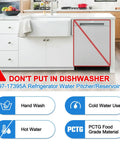 Kitchen with warning sign for Upgraded DA97-17395A Water Pitcher Reservoir Replacement, emphasizing hand wash and cold water use.