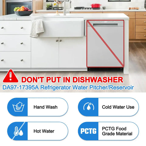 Kitchen with warning sign for Upgraded DA97-17395A Water Pitcher Reservoir Replacement, emphasizing hand wash and cold water use.