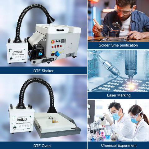 Powerful Solder Smoke Extractor for DTF Printing 100W Low Noise with 3 Stage Filtration shown with workshop uses