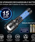 Rechargeable High Lumen Flashlight With 100000 Lumens Hella Bright Long Range Beam Up To 5000 Ft USB C Fast Charge shown with 6000mAh battery
