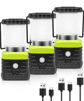 3 Pack 6500K White LED Camping Lanterns Rechargeable 1000 Lumen Each With 4500mAh Power Bank IP44 Waterproof shown with cables