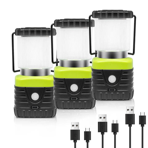 3 Pack 6500K White LED Camping Lanterns Rechargeable 1000 Lumen Each With 4500mAh Power Bank IP44 Waterproof shown with cables