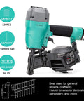 CN45C 15 Degree Roofing Nailer Pneumatic Coil Nailer For Three Quarter Inch To One And Three Quarter Inch Nails Perfect For Shingles Cedar Roof Sheathing Siding Floor Underlayment 120 Piece Load Capacity shown with specifications and uses