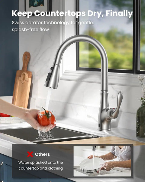 Touchless Kitchen Faucet With Pull Down Sprayer, Motion Sensor Hands Free Convenience, Brushed Nickel Finish in kitchen setting