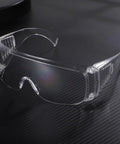 Real Deal 6 Pack Clear Lab Safety Glasses Featuring Ventilated Side Shields And Lightweight Wraparound Design For Shop Splashes And Daily Eye Protection Making Work A Breeze, clear glasses on dark textured background.