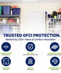 Trusted GFCI protection overview with features including slim design, self-test, and quality assurance in a garage setting.