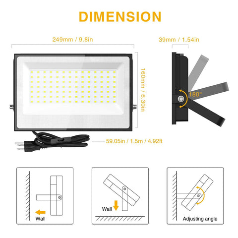 Ultra Bright 120W Outdoor LED Flood Lights Heavy Duty 12000 Lumens Plug In Work Light Daylight White IP66 Waterproof shown with dimensions