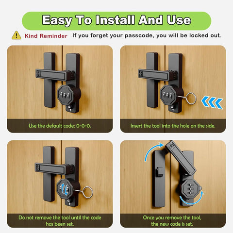 Installation process for Keyless Barn Door Lock With Three Digit Password, Flip Latch For 90 And 180 Degree Sliding Doors, Black Finish.