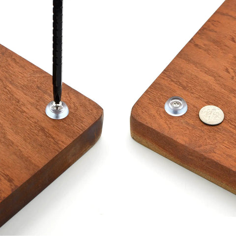 Clear Rubber Feet For Cutting Boards Lock Down Tight Non Slip Bumpers With Stainless Screws installed on wooden board with tools.