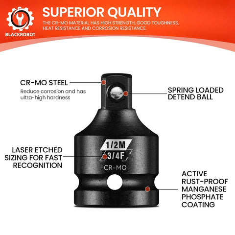 2 Piece Impact Socket Adapter Set Three Quarter Inch Female To One Half Inch Male For Impact Driver Wrench SAE Drive Cr-Mo Steel