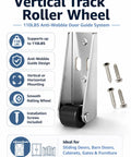 Premium Heavy Duty Vertical Track Rollers For Silky Smooth Sliding Barn Doors And Cabinets Featuring Rock Solid No Jitter Guide System Supporting Up To 110 Pounds In Matte Black with installation screws.