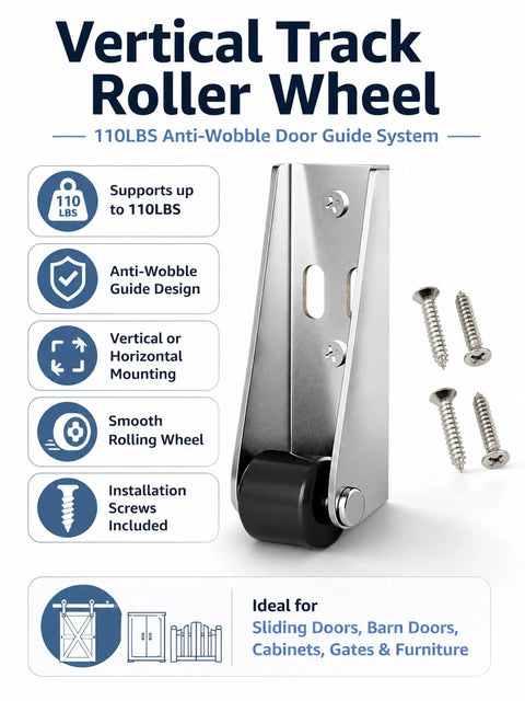 Premium Heavy Duty Vertical Track Rollers For Silky Smooth Sliding Barn Doors And Cabinets Featuring Rock Solid No Jitter Guide System Supporting Up To 110 Pounds In Matte Black with installation screws.