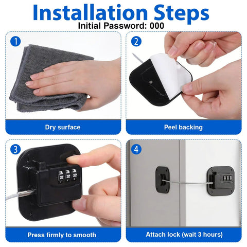 Installation steps for Kid Safe Fridge Lock With Keyless Combination, Heavy Duty Refrigerator Door Lock, applying adhesive mount.