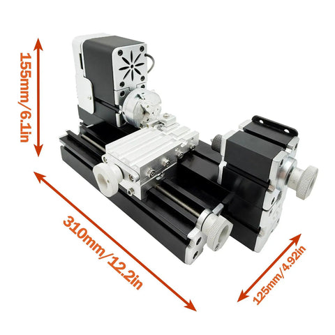 60W Mini Bench Electric Lathe Machine 12000 RPM All Metal Woodworking Tool for Turning Wood Acrylic Soft Metal Craft DIY Project Science Teaching Model High Performance Precision Motor Home Workshop Essential with measurements.