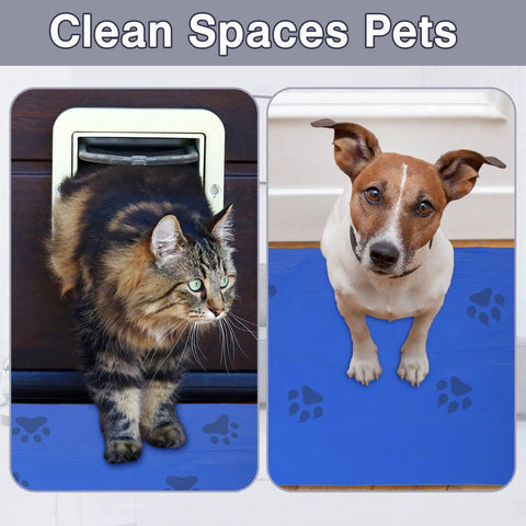 Pro Heavy Duty Sticky Rubber Tacky Mats 24 By 36 Inches Blue Floor Mats For Workshops And Garages Snag Dust And Grime Like A Champ 300 Sheets Industrial Bulk Deal, featuring a cat exiting through a pet door and a dog on a blue mat.