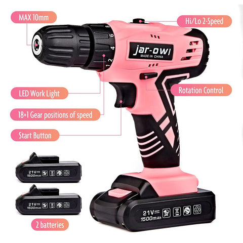 Pink 21V Cordless Drill Driver Set With Three Eighth Inch Keyless Chuck Two 1.5Ah Batteries And Charger Variable Speed 0 To 1350 RPM DIY Home Projects And Everyday Quick Fixes