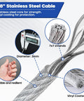 Diagram of One Eighth Inch Wire Rope Kit With 100 Ft Vinyl Coated Stainless Cable, showing 7x7 strands and vinyl coating details