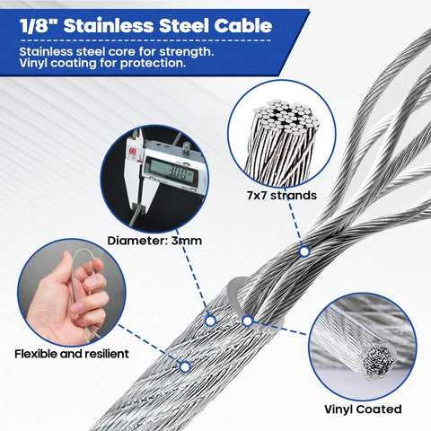 Diagram of One Eighth Inch Wire Rope Kit With 100 Ft Vinyl Coated Stainless Cable, showing 7x7 strands and vinyl coating details