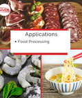 Image showing sliced meats, shrimp, and noodles, representing food processing applications, related to Go-To Sodium Tripolyphosphate STPP.