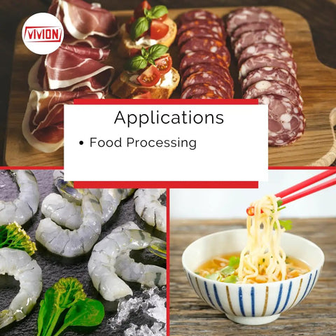 Image showing sliced meats, shrimp, and noodles, representing food processing applications, related to Go-To Sodium Tripolyphosphate STPP.
