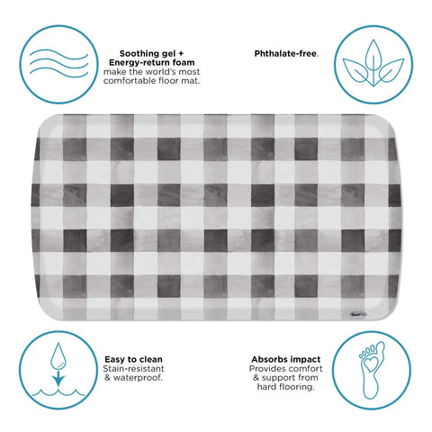 Ultra Comfy Three Quarters Inch Thick Gel And Foam Anti Fatigue Floor Mat 20 By 36 Inches with checkered design and comfort features.
