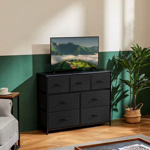 7 Fabric Drawer Storage Organizer Chest With Vertical Dresser Design For Bedroom Or Living Room, in sleek black finish