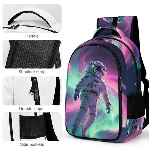 Galactic Swirl Spaceman Printed Dope Unisex Backpack with sturdy zipper and breathable shoulder straps.