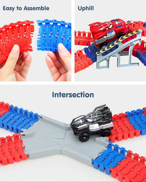 Awesome Spider Themed Race Track Toy With Flexible 212 Piece Car Track And Two Spider Cars detail of track assembly and features
