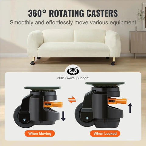Heavy Duty 4Pc Swivel Caster Wheels Featuring Slick Rubber Pads Adjustable Height Leveling Bolts for smooth 360° rotation.