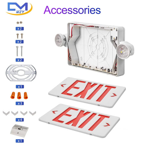 LED Exit Sign With Battery Back Up And Emergency Lights, Red Exit Letters, Two Adjustable Heads, AC 120V/277V, UL Certified components