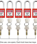 Five red padlocks with keys labeled A to E, part of Lockout Tagout Kit For Electrical Panels And Circuit Breakers With OSHA Compliant Safety