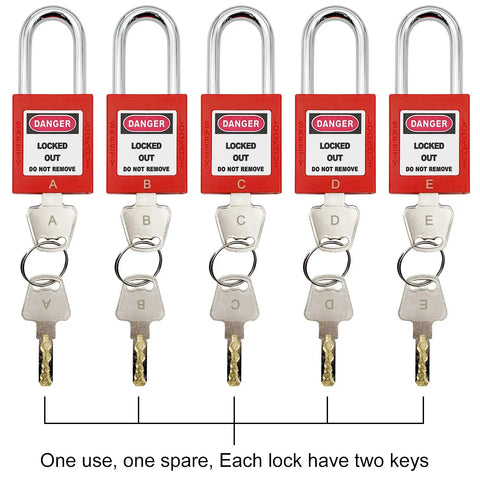 Five red padlocks with keys labeled A to E, part of Lockout Tagout Kit For Electrical Panels And Circuit Breakers With OSHA Compliant Safety