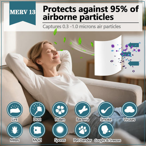 Woman relaxing on couch with graphics showing MERV 13 filtration capturing dust, pet dander, and viruses in home setting