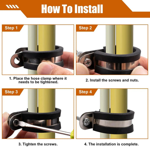 Step-by-step installation of a 304 stainless steel clamp from the 80 Piece Cable Clamp Kit With 7 Sizes In 304 Stainless Steel Metal Clamps Rubber Insulated Cushioned Hose And Pipe Clamps For 1 Quarter Inch To 1 Inch Cables Perfect For DIY Auto And Home Wiring Cable Management