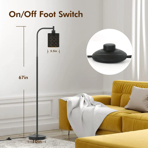 Gothic Style Floor Lamp With Laser Cutout Lampshade LED Arc Standing Light For Living Room And Bedroom 67 Inch Black Modern Farmhouse Lamp With Foot Switch And E26 Base Socket Perfect For Halloween Decor Vibe beside yellow sofa