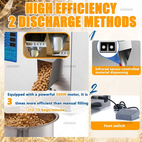 Heavy Duty Automatic Granule Filling Machine With Dead On Digital Scale And Three Speed Controls For Hassle Free Subpackaging Of Coffee Beans Rice Flour Spices And Tea features 300W motor, infrared sensor, foot switch.
