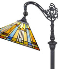 Tiffany Style Stained Glass Floor Lamp 62 Inch Tall With Adjustable Arch Reading Light in Antique Mission Design, close-up of glass shade