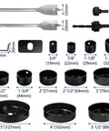 18-piece wood hole saw kit with 3/4–5in saws, mandrels, bits, installation plate, hex wrench, case