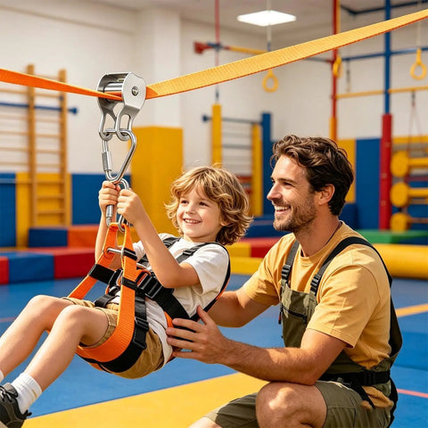 Father guiding child on Kids Zip Line And Slack Line Outdoor Playset For Backyard Fun With Tool Free Assembly Safe 250 Lb Load Limit Ideal