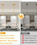 Comparison image of Two Pack Brushed Gold Globe Pendant Lights With Mid Century Modern Vibes And Smooth Opal Glass Shades.